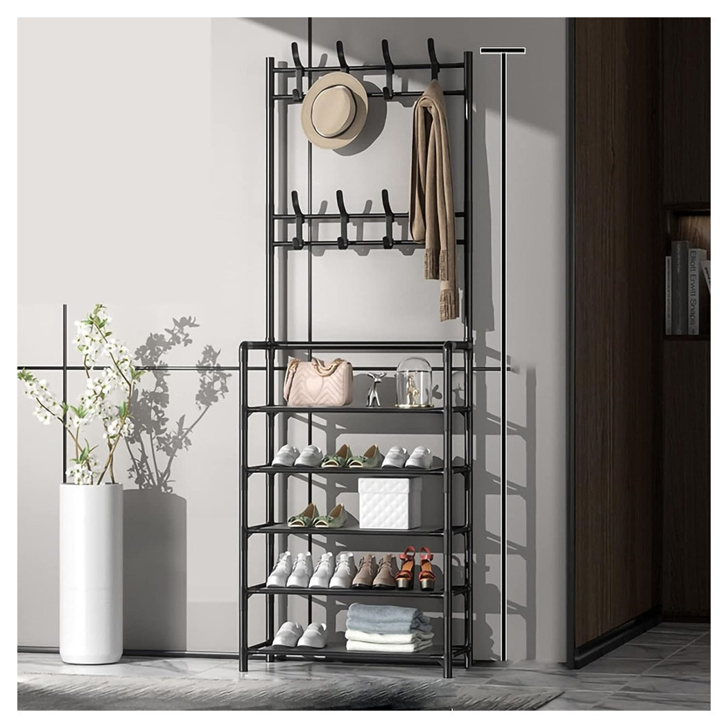 foto del prodotto trade shop scarpiera cappelliera da terra casa appendiabiti 3 in 1 panca scarpe con 8 ganci nero