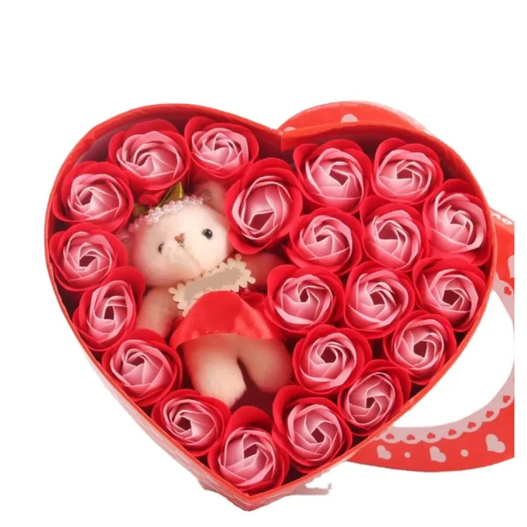 foto del prodotto trade shop scatola regalo a forma di cuore con orsetto e rose per san valentino anniversari 