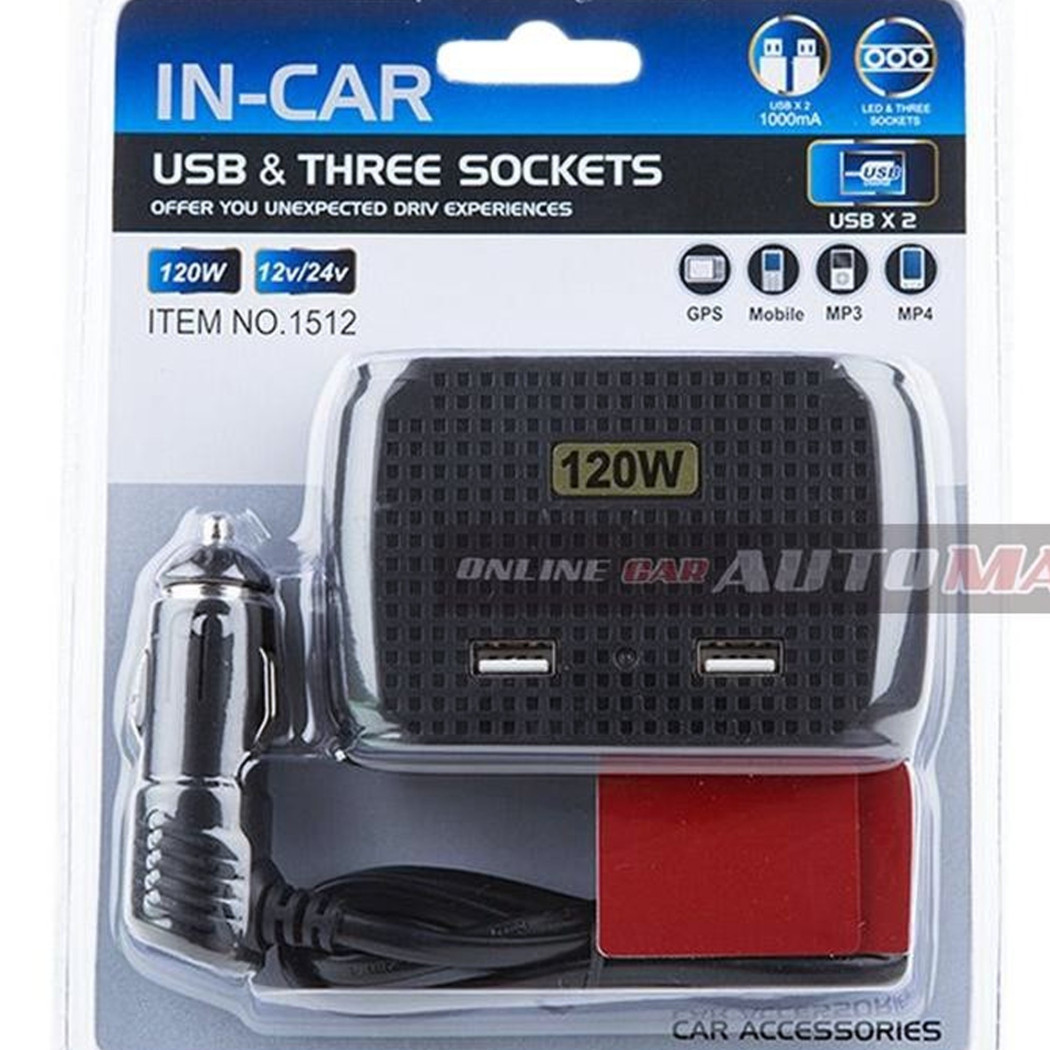foto del prodotto trade shop sdoppiatore adattatore 3 accendisigari triplo 2 usb 120w auto camper barca multicaricatore 