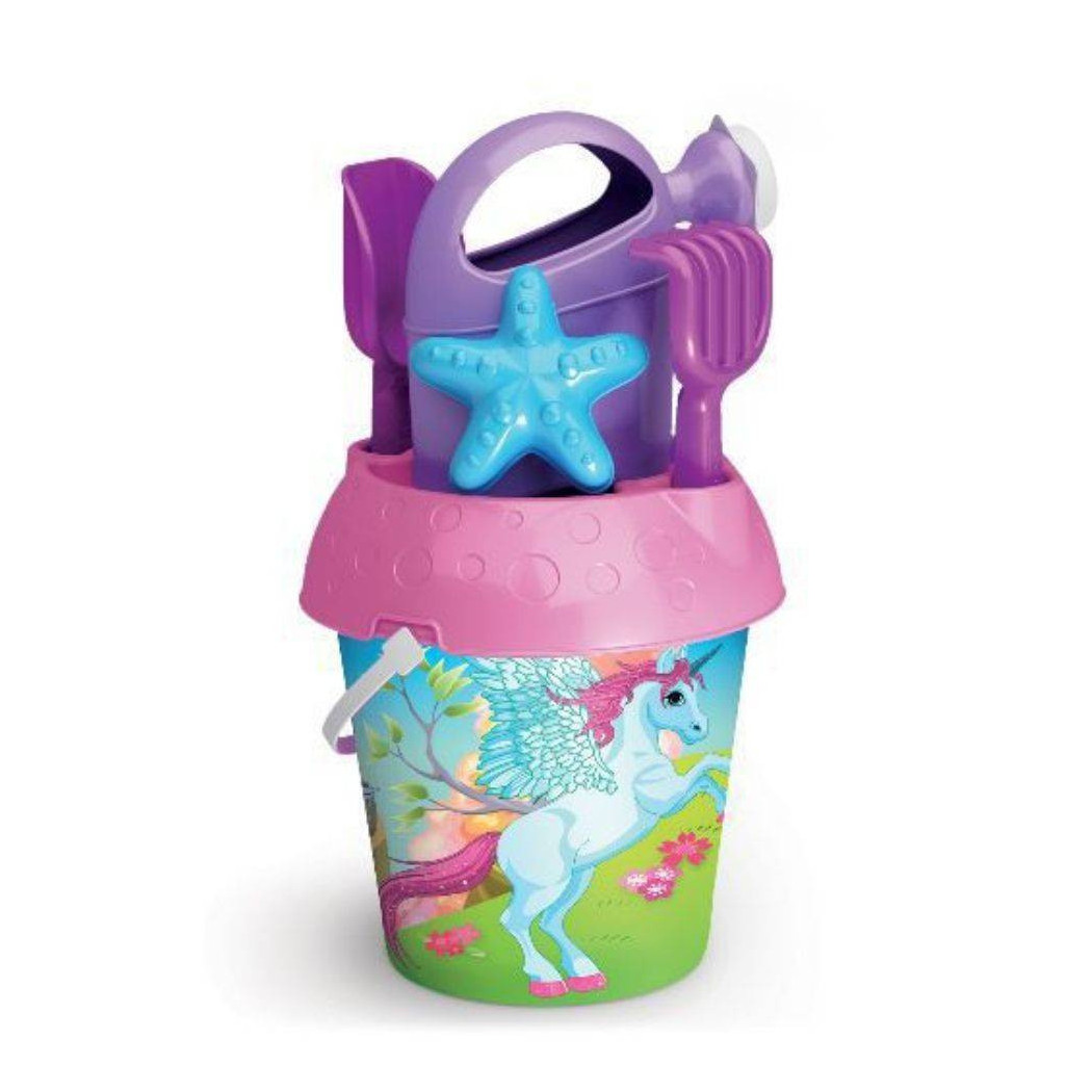 foto del prodotto trade shop secchiello unicorno 18 cm gioco mare sabbia con formine paletta innaffiatoio 