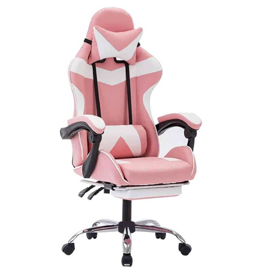 foto del prodotto trade shop sedia poltrona gaming ufficio casa in ecopelle cuscino lombare poggiatesta piedi rosa 