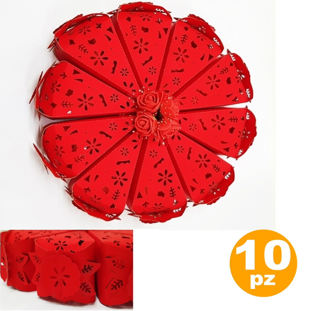 foto del prodotto trade shop set 10 bomboniera bomboniere scatolina spicchi torta rosso fiore portaconfetti 