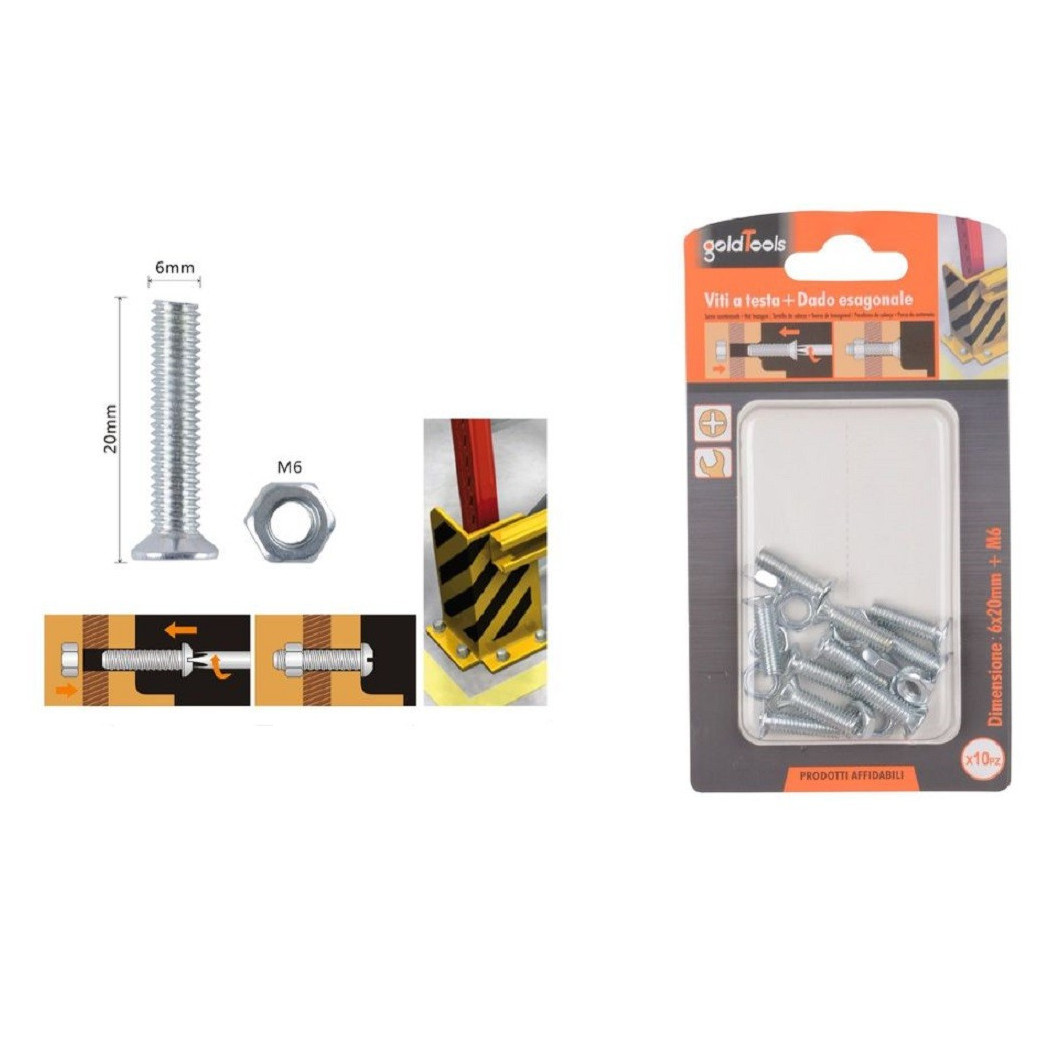 foto del prodotto trade shop set 10 pezzi viti vite a testa a croce piatta 6x20mm con dado esagonale m6 90943 