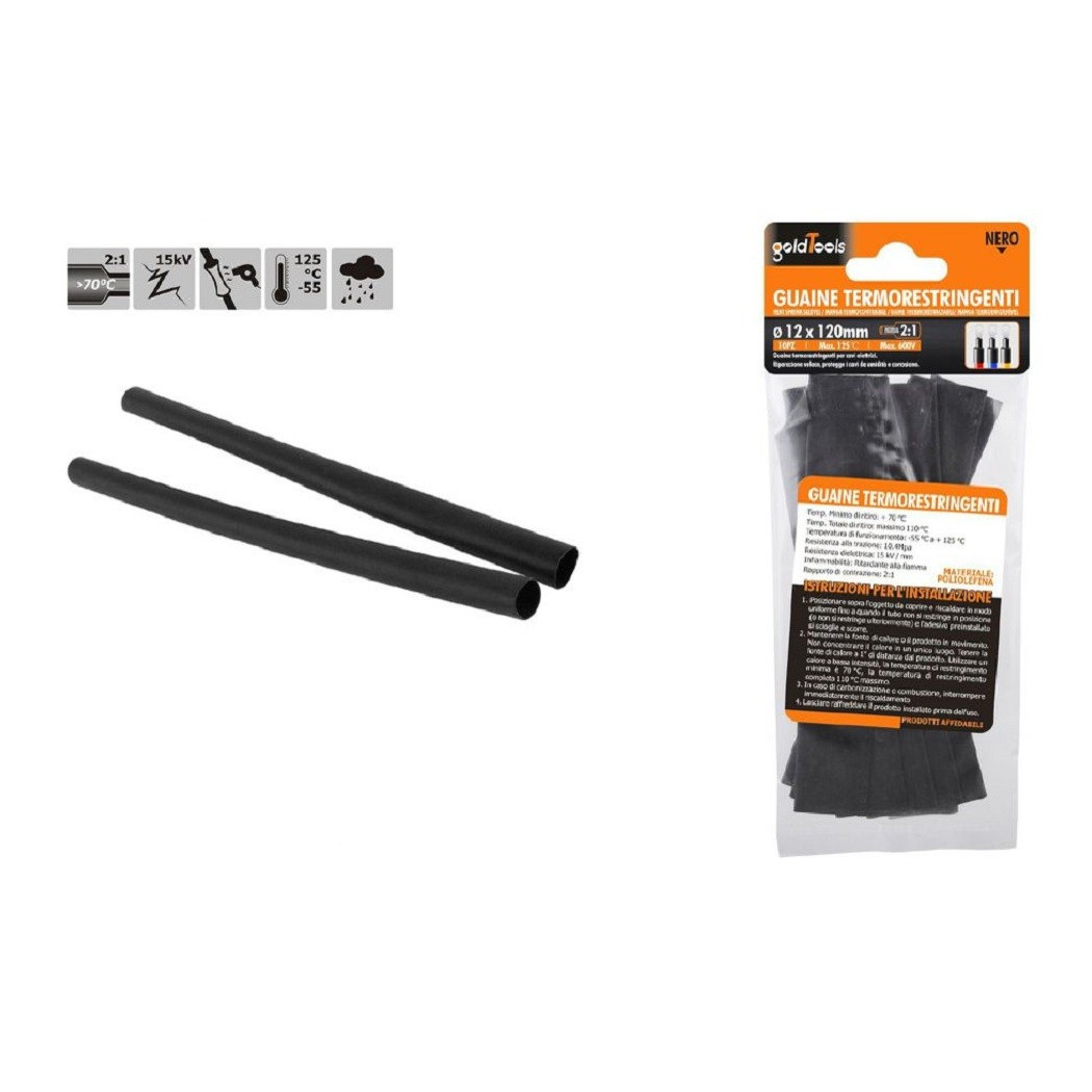 foto del prodotto trade shop - set 10 pz guaine termorestringenti tubi termoretrattili neri 12x120mm cavi 57066 -