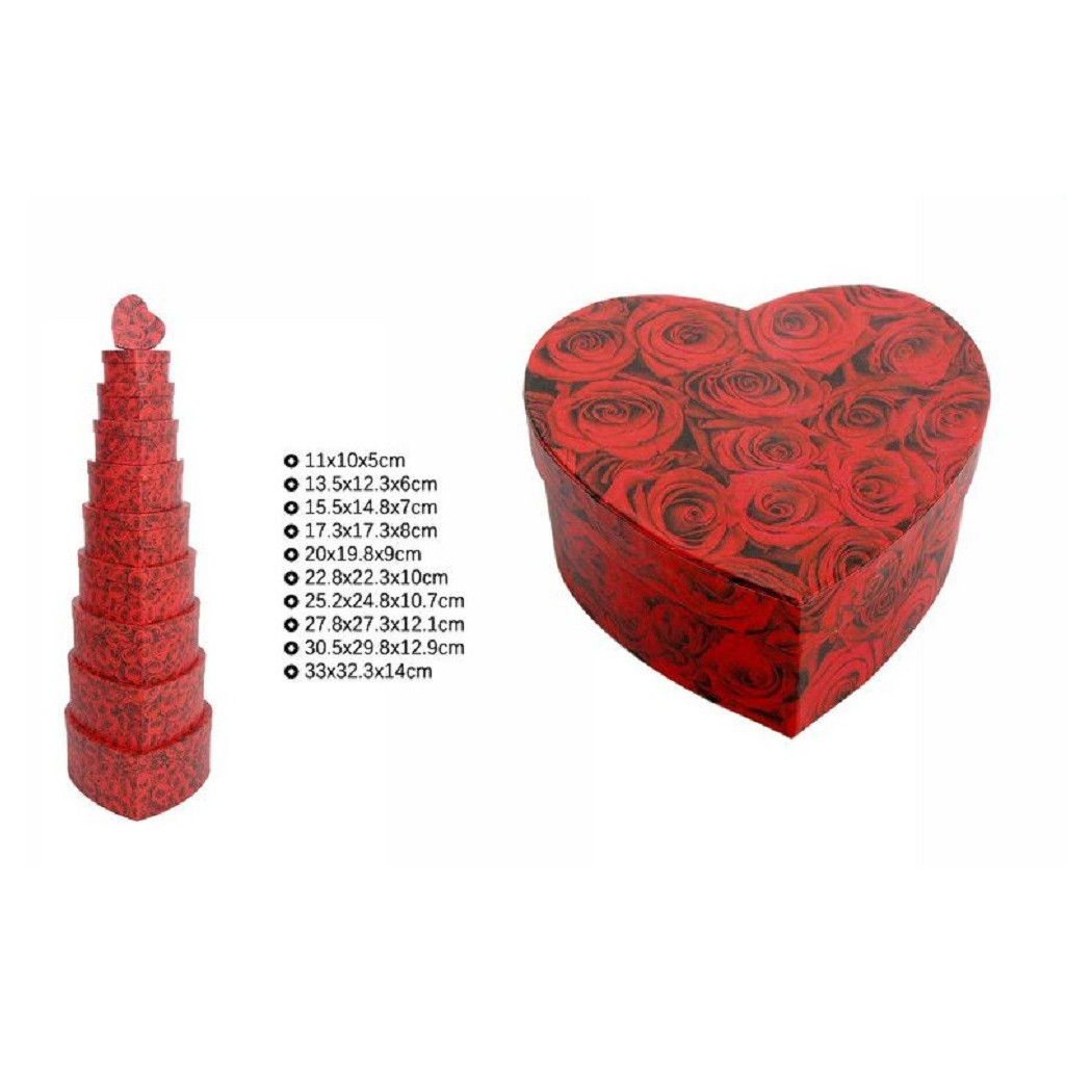 foto del prodotto trade shop set 10 pz scatole box regali varie misure matrioska forma cuore rose rosse 71967 