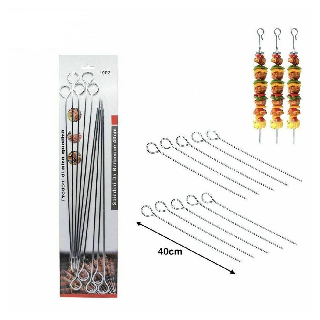 foto del prodotto trade shop set 10 pz spiedini in acciaio per barbecue bbq piastra cucina lunghezza 40cm 