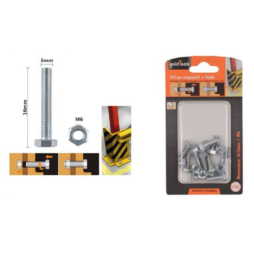 foto del prodotto trade shop - set 10 pz vite viti per esterno a testa esagonali 6x16mm con dadi dado m6 90914 -