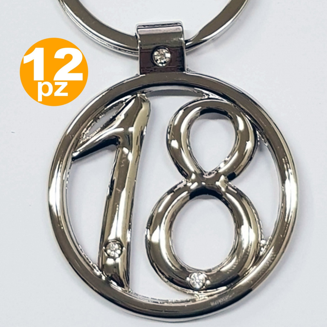 foto del prodotto trade shop set 12 bomboniera bomboniere acciaio brillantini 18 anni compleanno portachiavi 