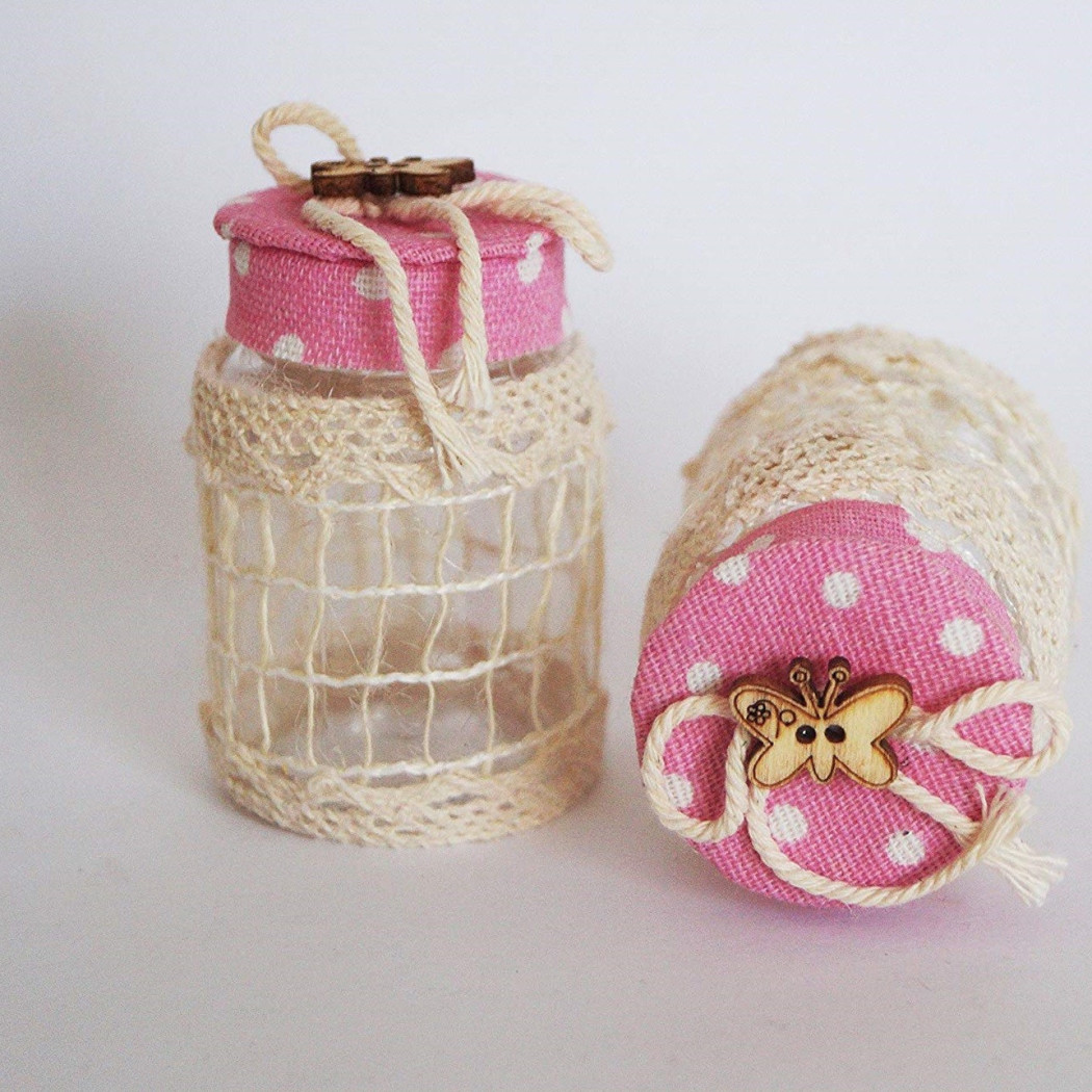 foto del prodotto trade shop set 12 bomboniera bomboniere barattolo rosa pois 4x6.5cm farfalla portaconfetti 