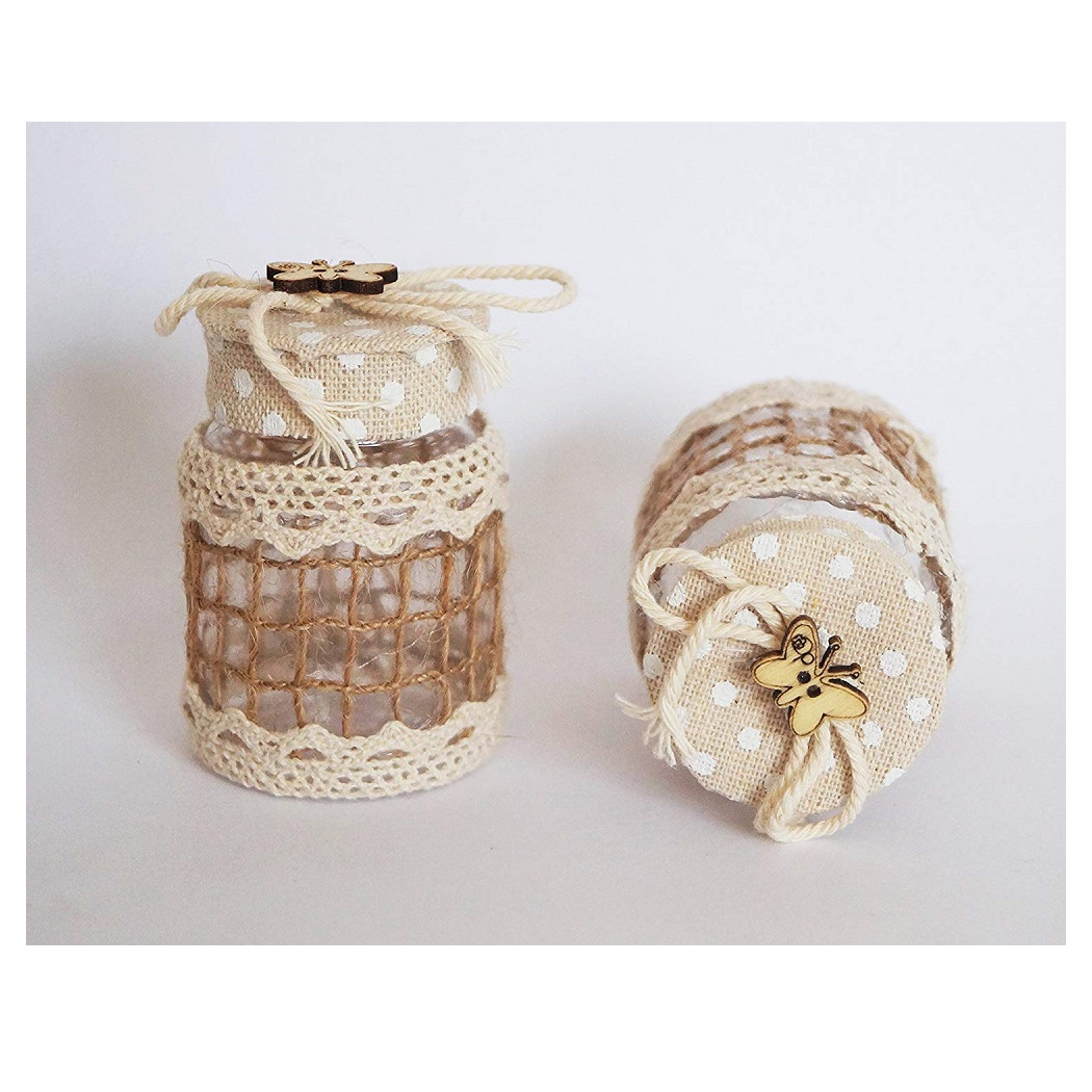 foto del prodotto trade shop set 12 bomboniere barattolo beige pois 4x6.5cm plastica rete farfalla portaconfetti 