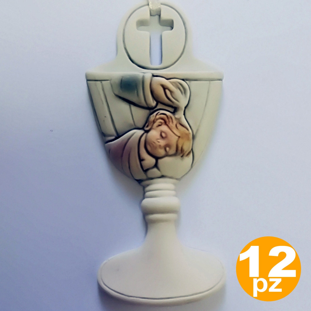 foto del prodotto trade shop set 12 bomboniere battesimo bambina calice acqua santa bianco ceramica appendino 