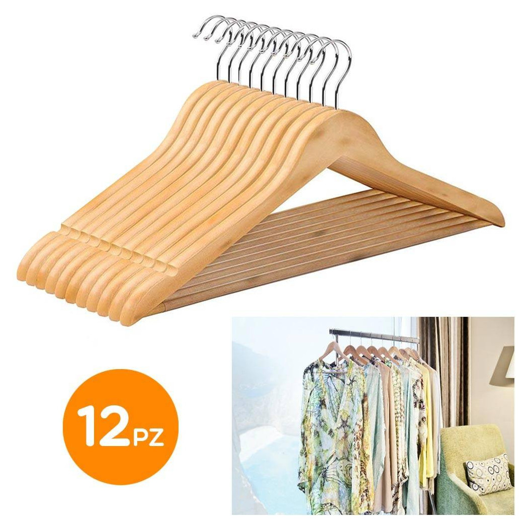 foto del prodotto trade shop set 12 grucce appendiabiti stampelle in legno porta abiti armadio casa negozio 