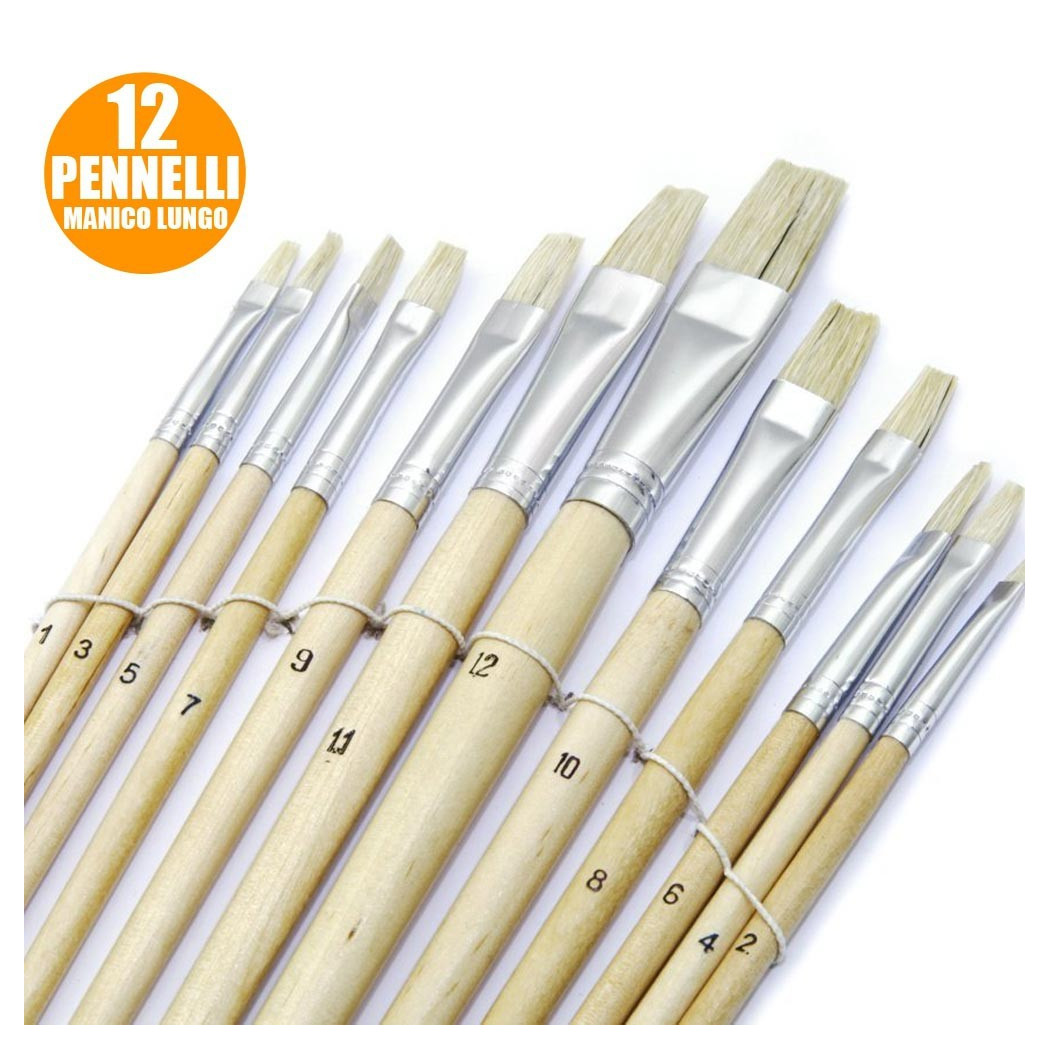 foto del prodotto trade shop set 12 pennelli piatti manico legno lungo spessore 1 12mm hobby pittura 