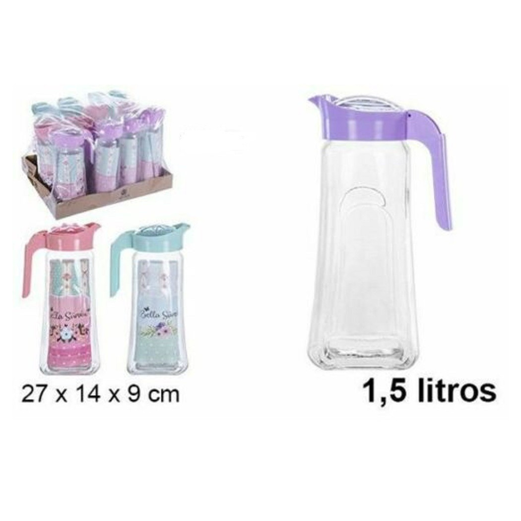 foto del prodotto trade shop - set 12 pezzi brocca brocche caraffa in vetro 1,5 lt coperchio colorato -