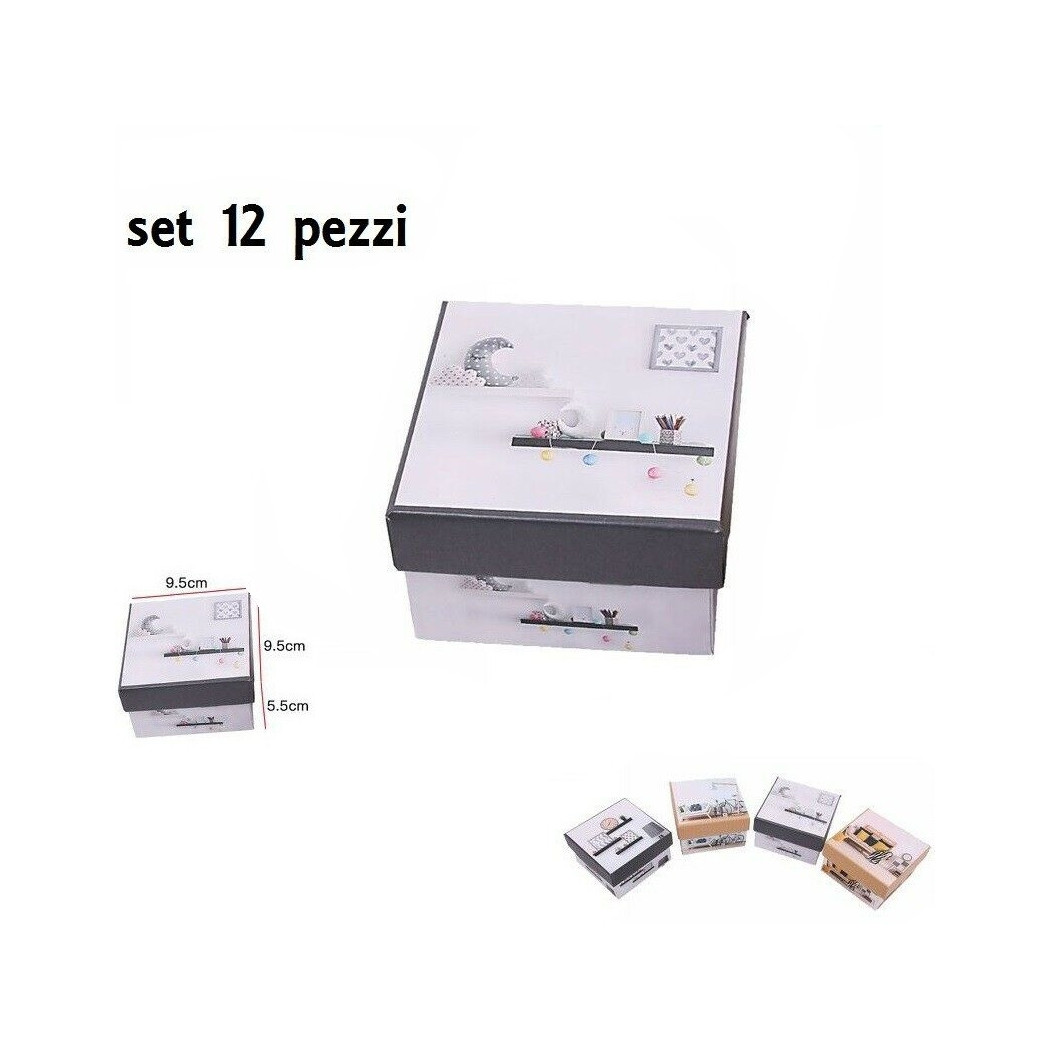 foto del prodotto trade shop set 12 pezzi scatola box confezione regalo quadrate fantasia 9.5x9.5x5.5cm 
