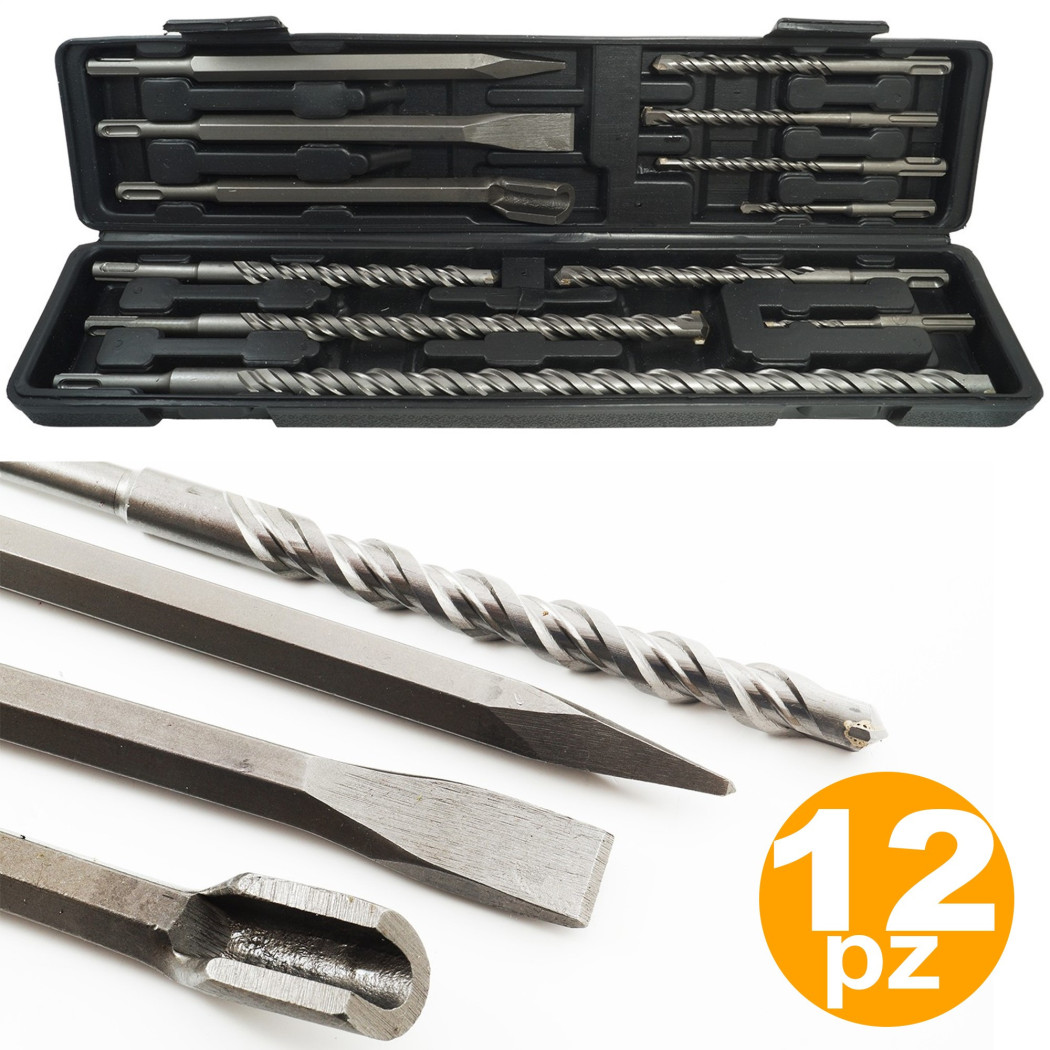 foto del prodotto trade shop set 12 punte per trapano martello pneumatico puntali punta scalpelli sds plus 