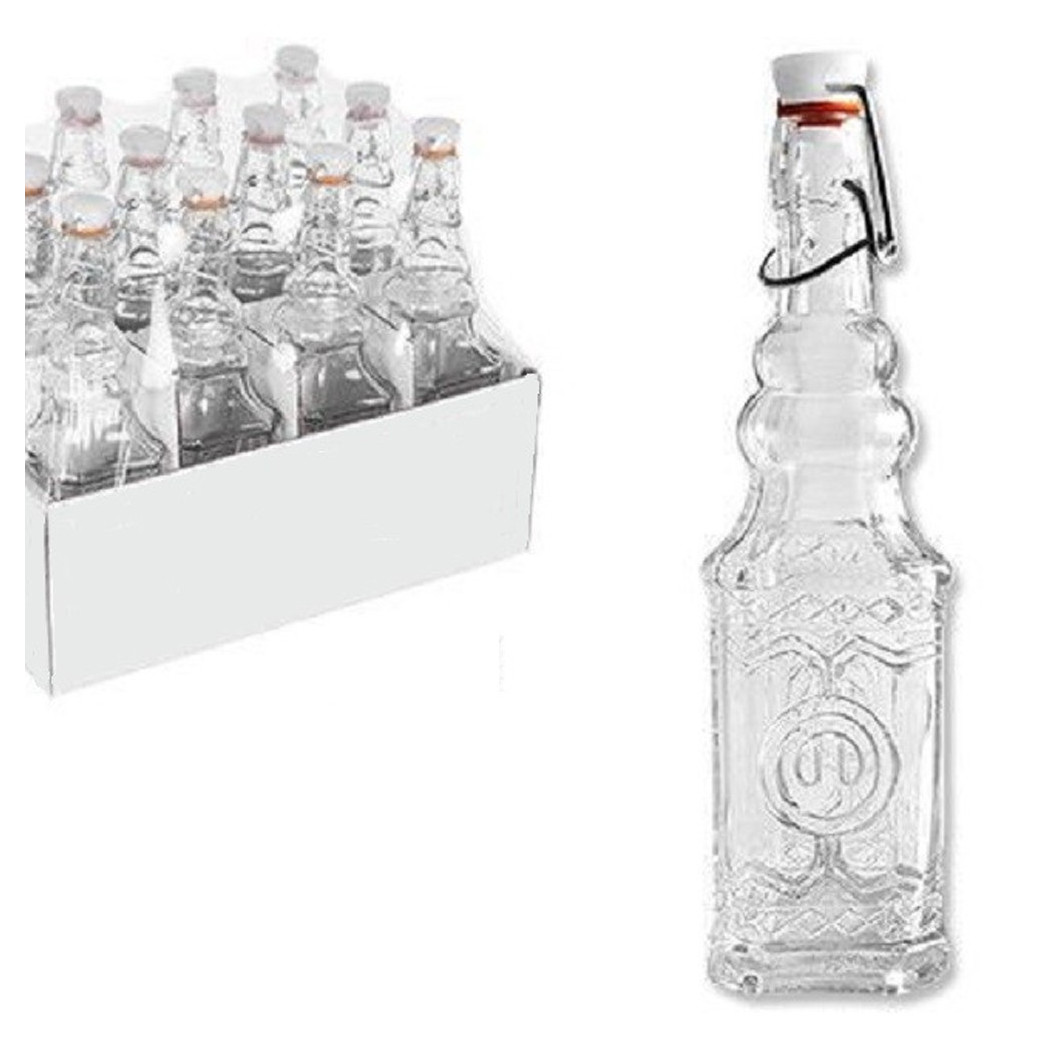 foto del prodotto trade shop set 12 pz bottiglie in vetro quadrata decorata con tappo meccanico 150 ml 108008 