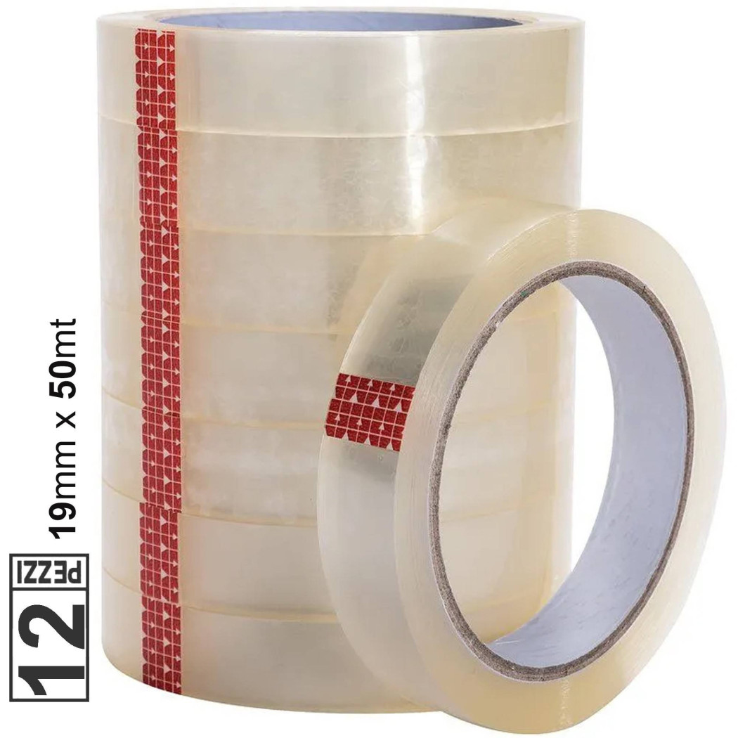 foto del prodotto trade shop set 12 pz rotolo nastro adesivo trasparente 19mm x 50mt per ufficio silenzioso 