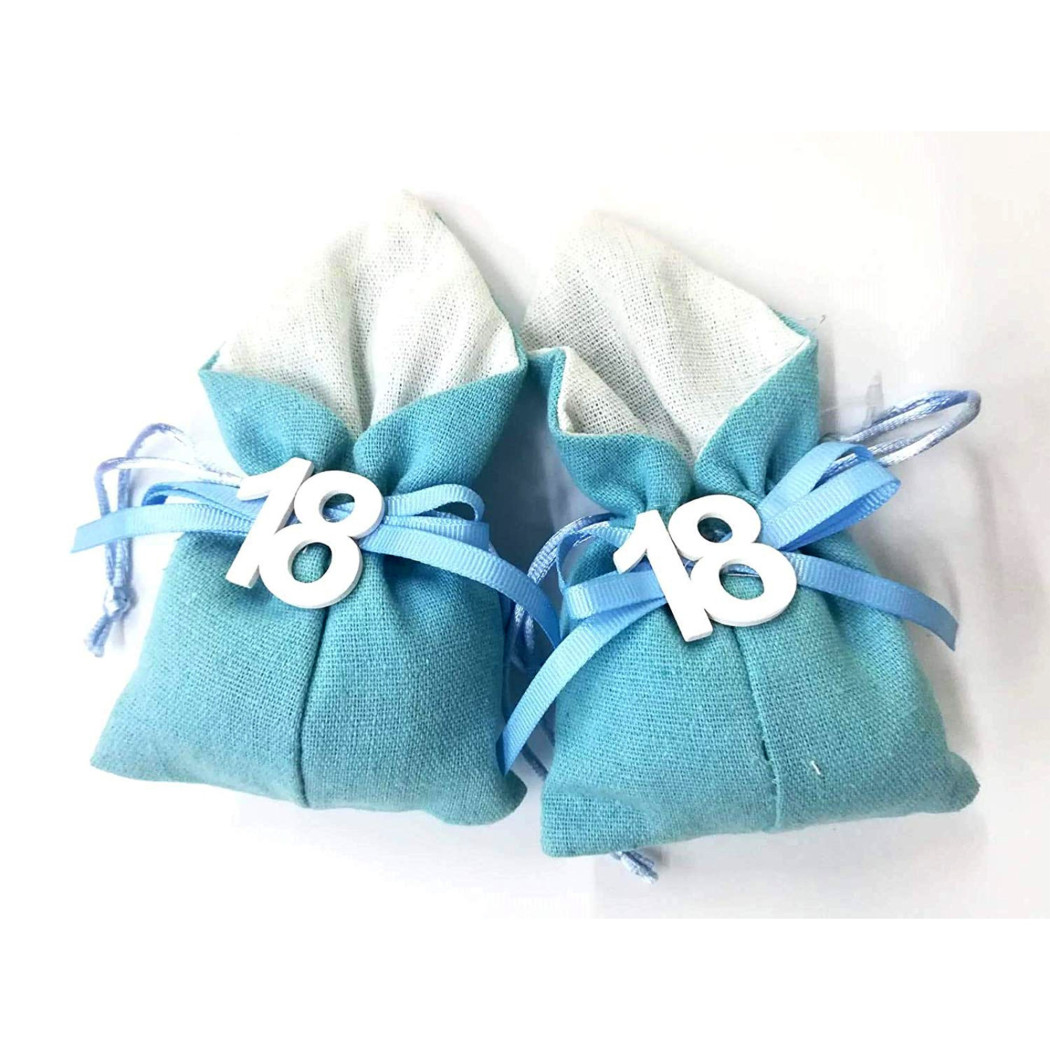 foto del prodotto trade shop set 12pz sacchetto azzurro numero 18 anni juta 10x13cm bomboniera portaconfetti 