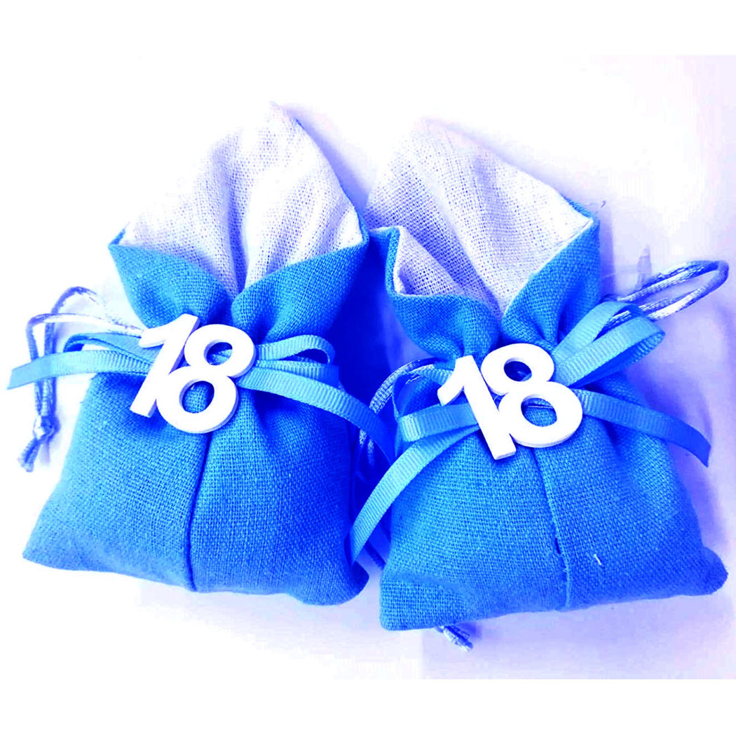 foto del prodotto trade shop set 12pz sacchetto colorato numero 18 anni juta 10x13cm bomboniera portaconfetti blu