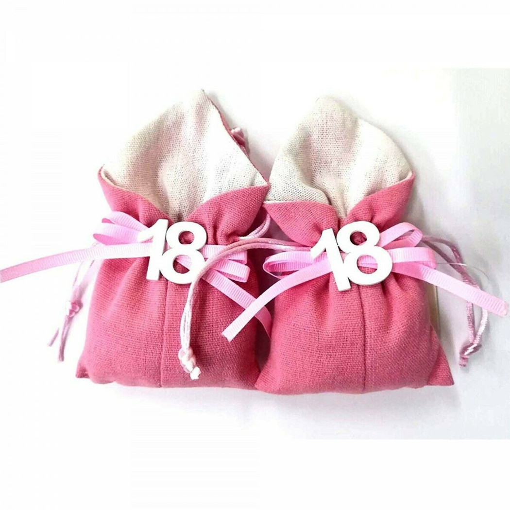 foto del prodotto trade shop set 12pz sacchetto colorato numero 18 anni juta 10x13cm bomboniera portaconfetti rosa