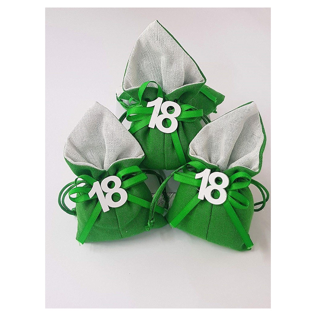 foto del prodotto trade shop set 12pz sacchetto colorato numero 18 anni juta 10x13cm bomboniera portaconfetti verde