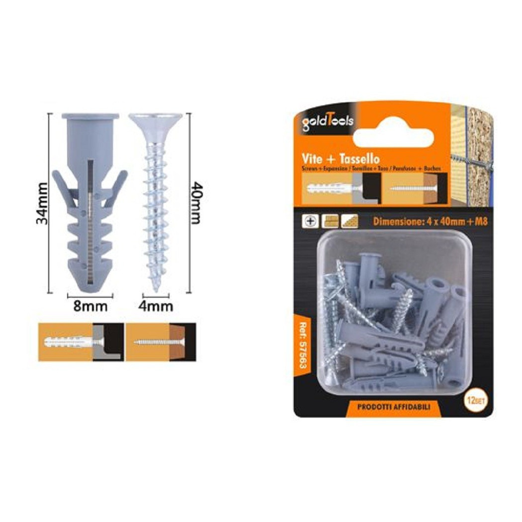 foto del prodotto trade shop - set 12pz viti vite croce 4x40 mm + tasselli con alette tassello m8 fischer 57563 -
