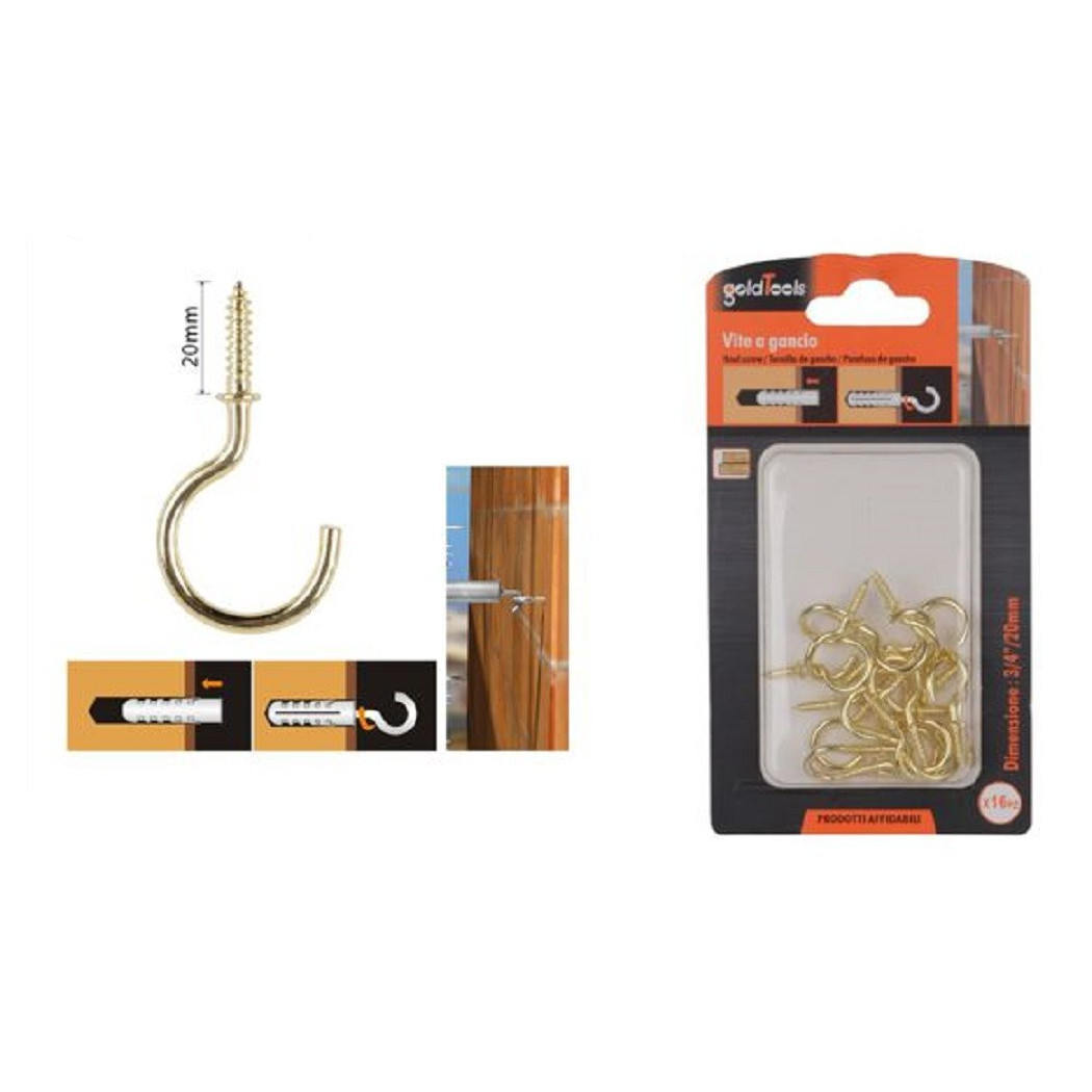 foto del prodotto trade shop - set 16 pezzi vite a gancio 3/4 20 mm viti autofilettanti dorate per legno 90808 -