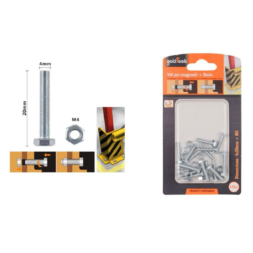 foto del prodotto trade shop - set 16 pz vite viti per esterno a testa esagonali 4x20 mm con dadi dado m4 90905 -