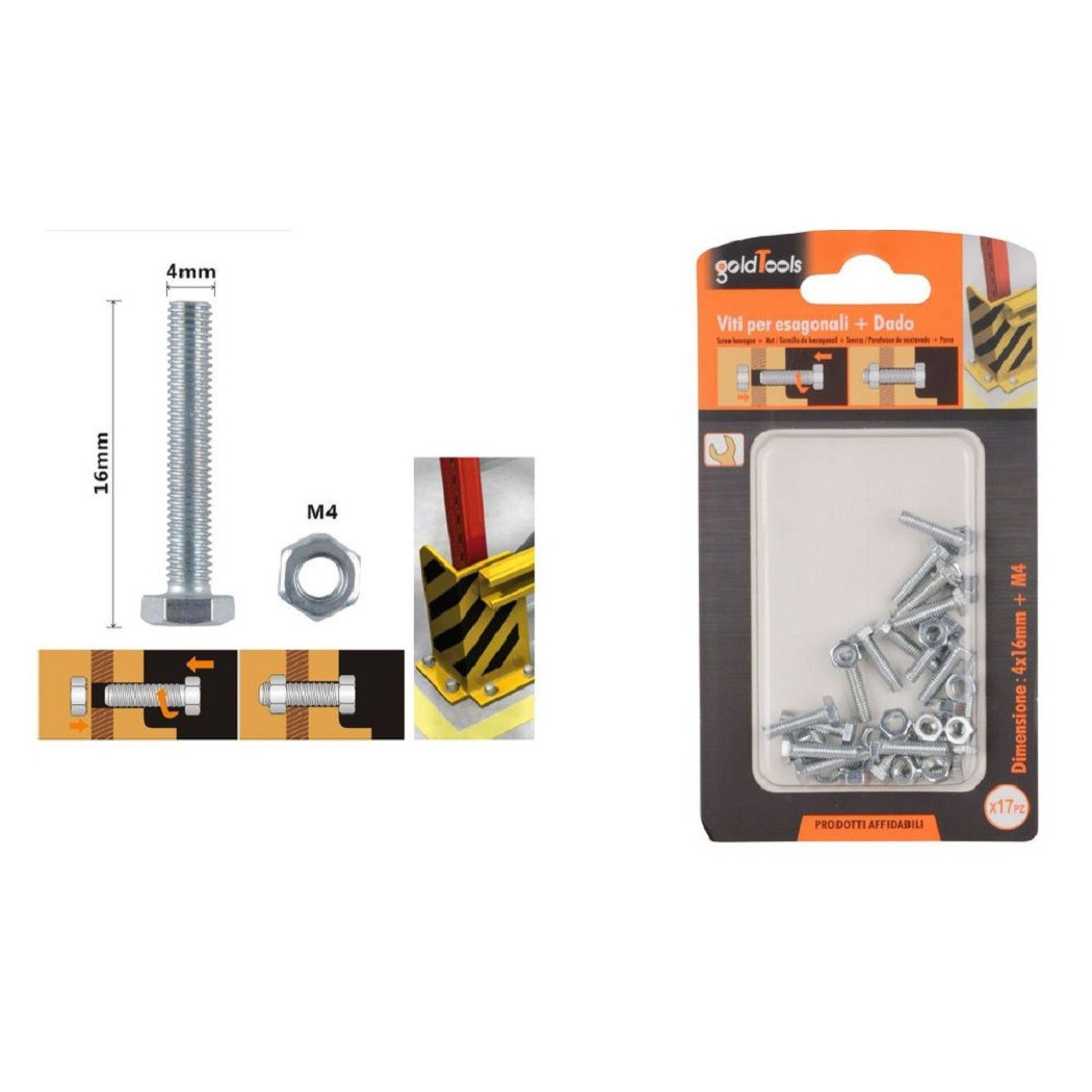 foto del prodotto trade shop - set 17 pz vite viti per esterno a testa esagonali 4x16mm con dadi dado m4 90904 -