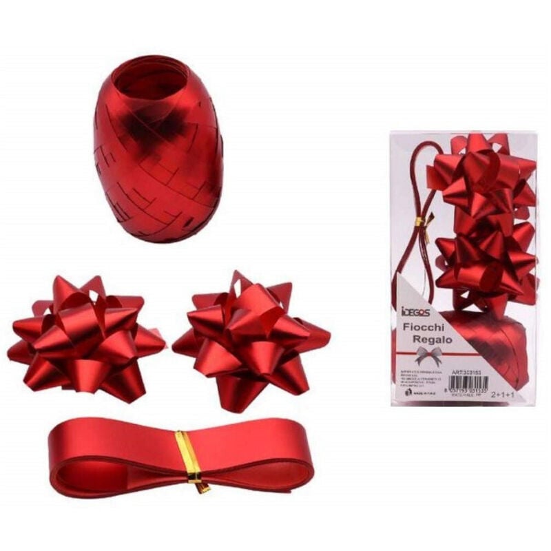 foto del prodotto trade shop set 2 coccarde 1 rotolo 1 nastro coccarda lucida confezione regalo decorazioni rosso 