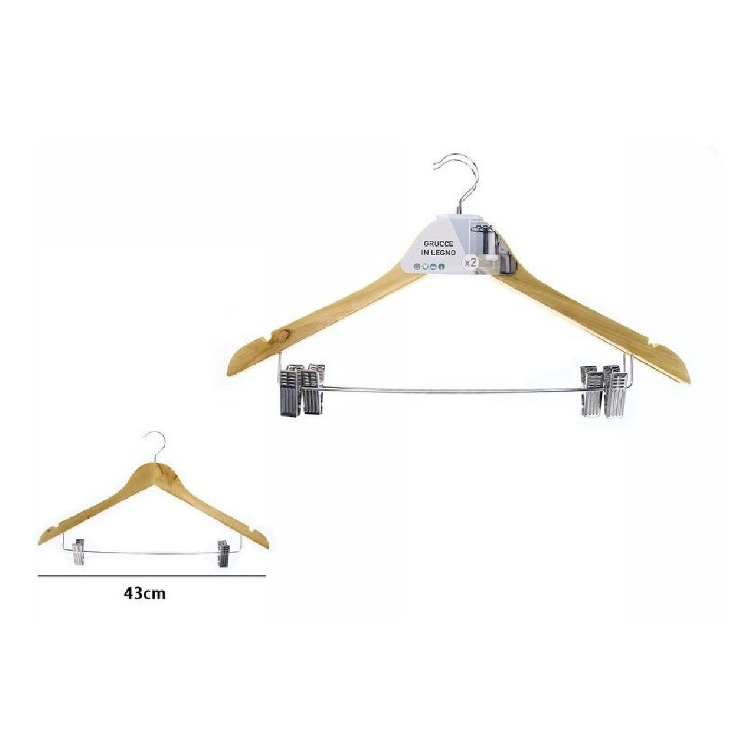 foto del prodotto trade shop set 2 grucce stampelle appendino in legno con pinze pantaloni giacca gonne 71361 