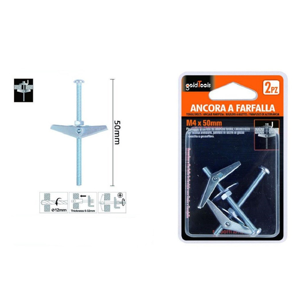 foto del prodotto trade shop - set 2 pz ancora a farfalla in acciaio con dado e rondella tassello m4x50mm 57224 -