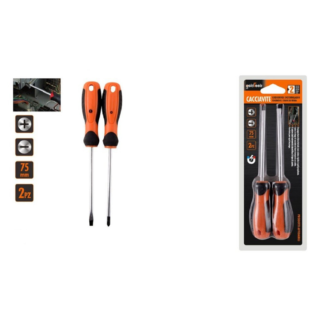 foto del prodotto trade shop - set 2 pz cacciavite giraviti con punta magnetica a taglio e a croce 75 mm 97177 -