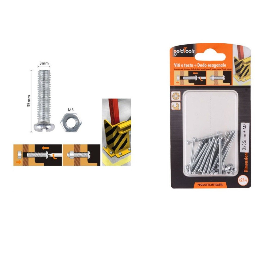 foto del prodotto trade shop set 21 pz viti vite testa a croce tonda 3x35 mm con dadi dado esagonale m3 90957 