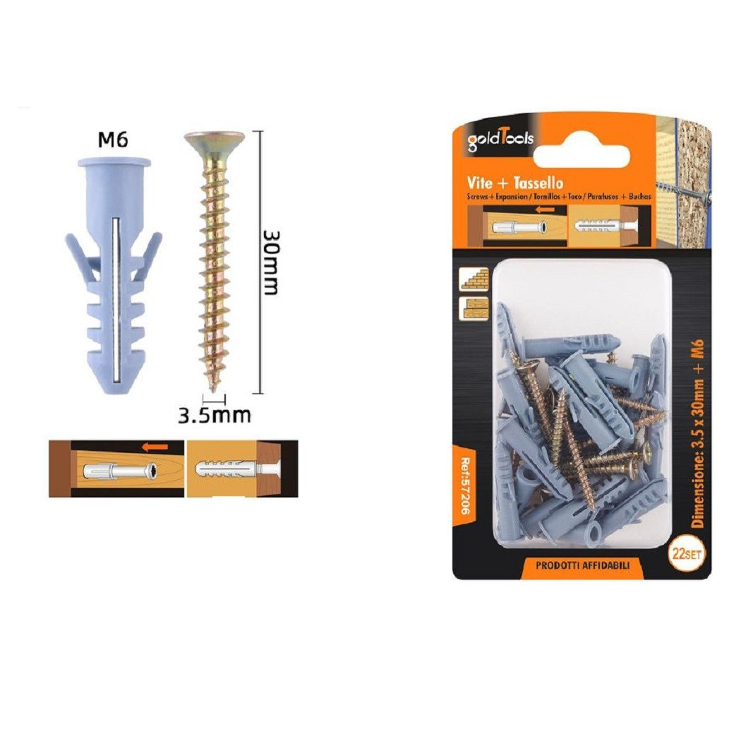 foto del prodotto trade shop - set 22 pezzi viti vite 3.5x30 mm + tasselli con alette tassello m6 fischer 57206 -