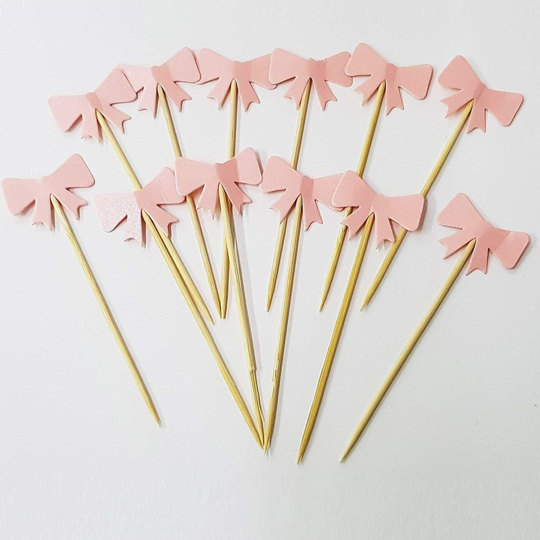 foto del prodotto trade shop set 24 pezzi stuzzicadenti fiocco rosa per cupcake per festa aperitivo snack 