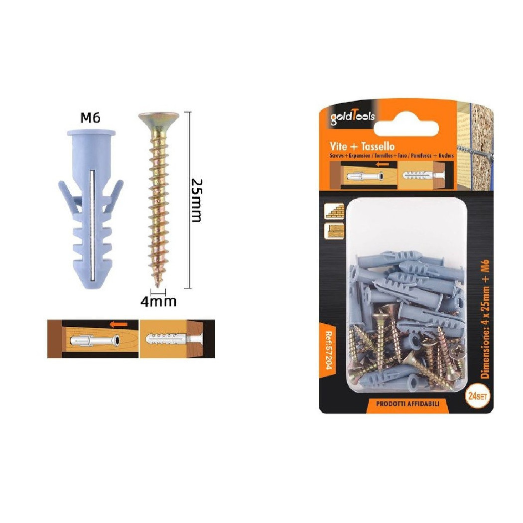 foto del prodotto trade shop - set 24 pezzi viti vite 4 x 25 mm + tasselli con alette tassello m6 fischer 57204 -