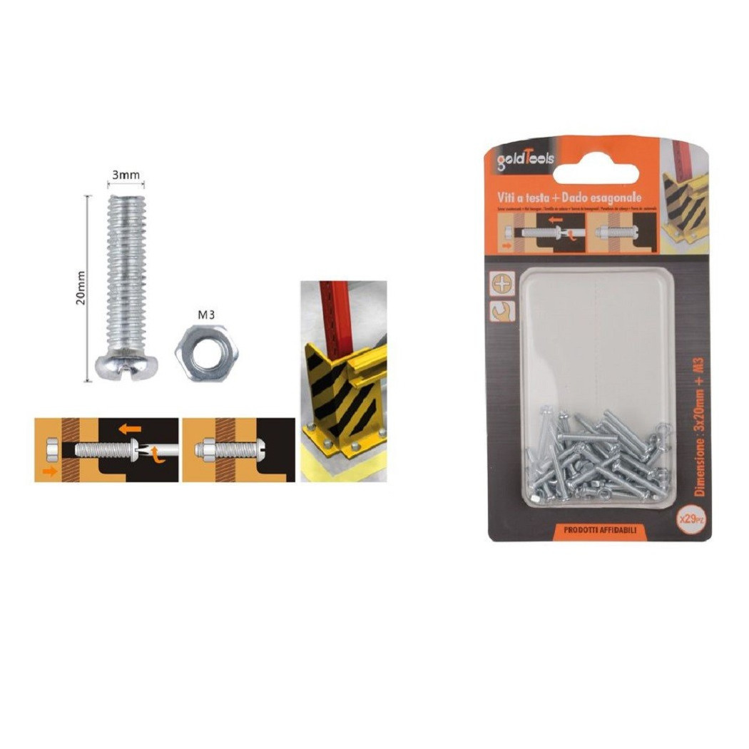 foto del prodotto trade shop set 29 pz viti vite testa a croce tonda 3x20mm con dadi dado esagonale m3 90954 