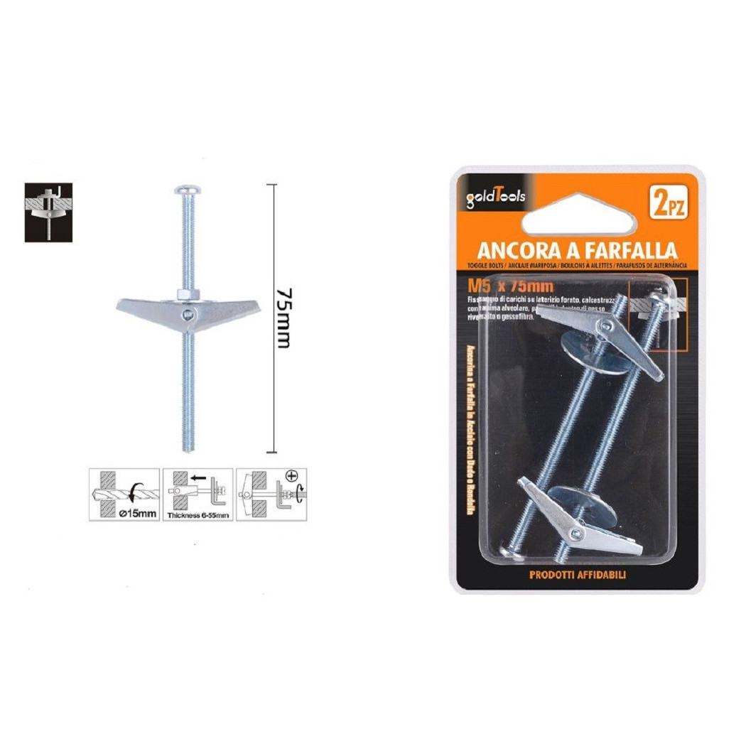 foto del prodotto trade shop - set 2pz ancora a farfalla in acciaio con dado e rondella tassello m5x75 mm 57226 -