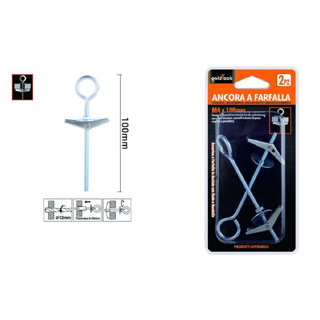 foto del prodotto trade shop - set 2pz ancora farfalla con occhiolo chiuso acciaio dado rondella m4x100mm 57232 -