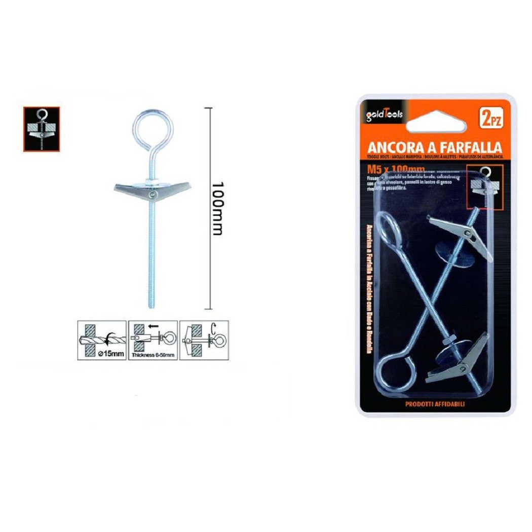 foto del prodotto trade shop - set 2pz ancora farfalla con occhiolo chiuso acciaio dado rondella m5x100mm 57233 -