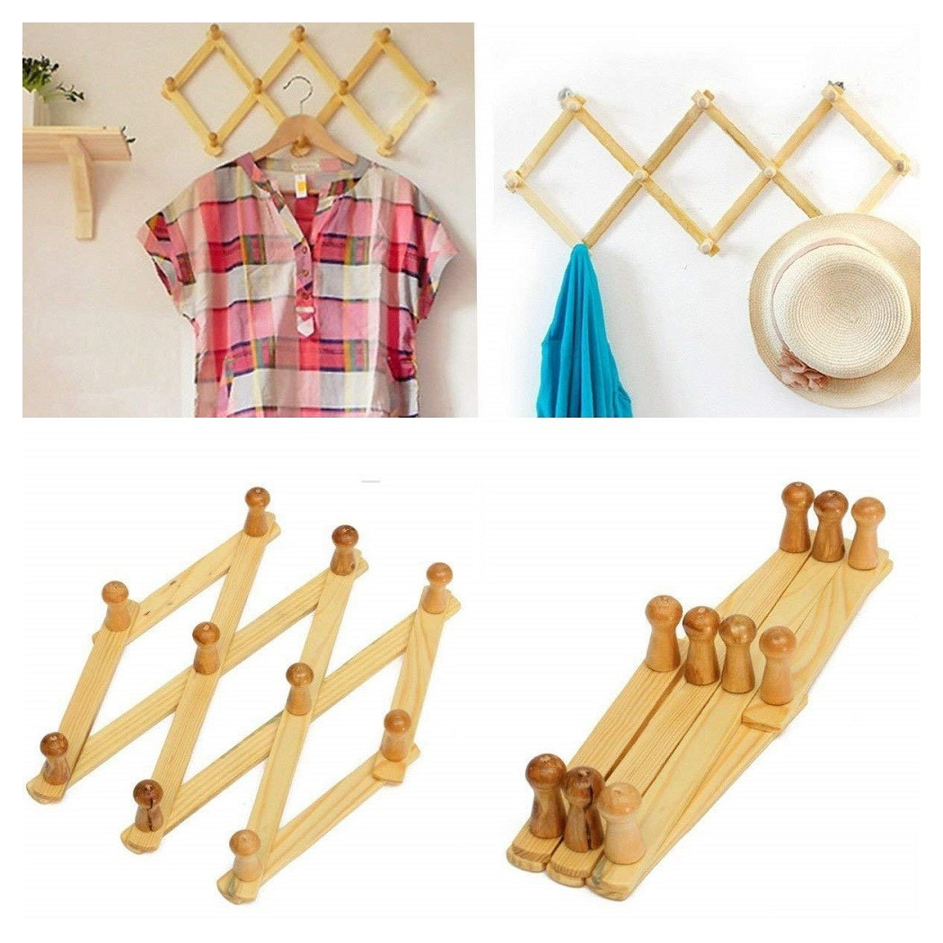 foto del prodotto trade shop set 2pz appendiabiti parete in legno ganci attaccapanni gruccia vestiti pieghevole 