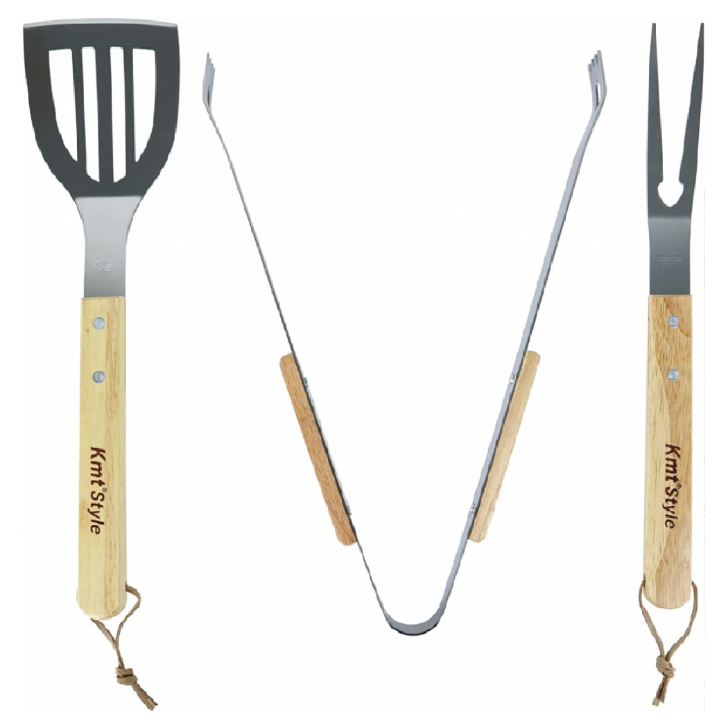 foto del prodotto trade shop set 3 attrezzi griglia barbecue forchettone pinza spatola in acciaio manico legno 