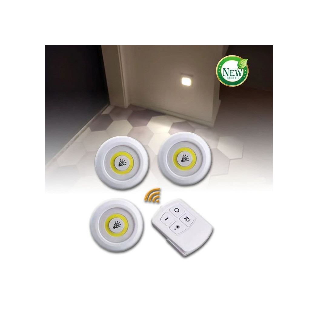 foto del prodotto trade shop set 3 luci led cob con telecomando luce regolabile lampada disco armadio tx 9728 