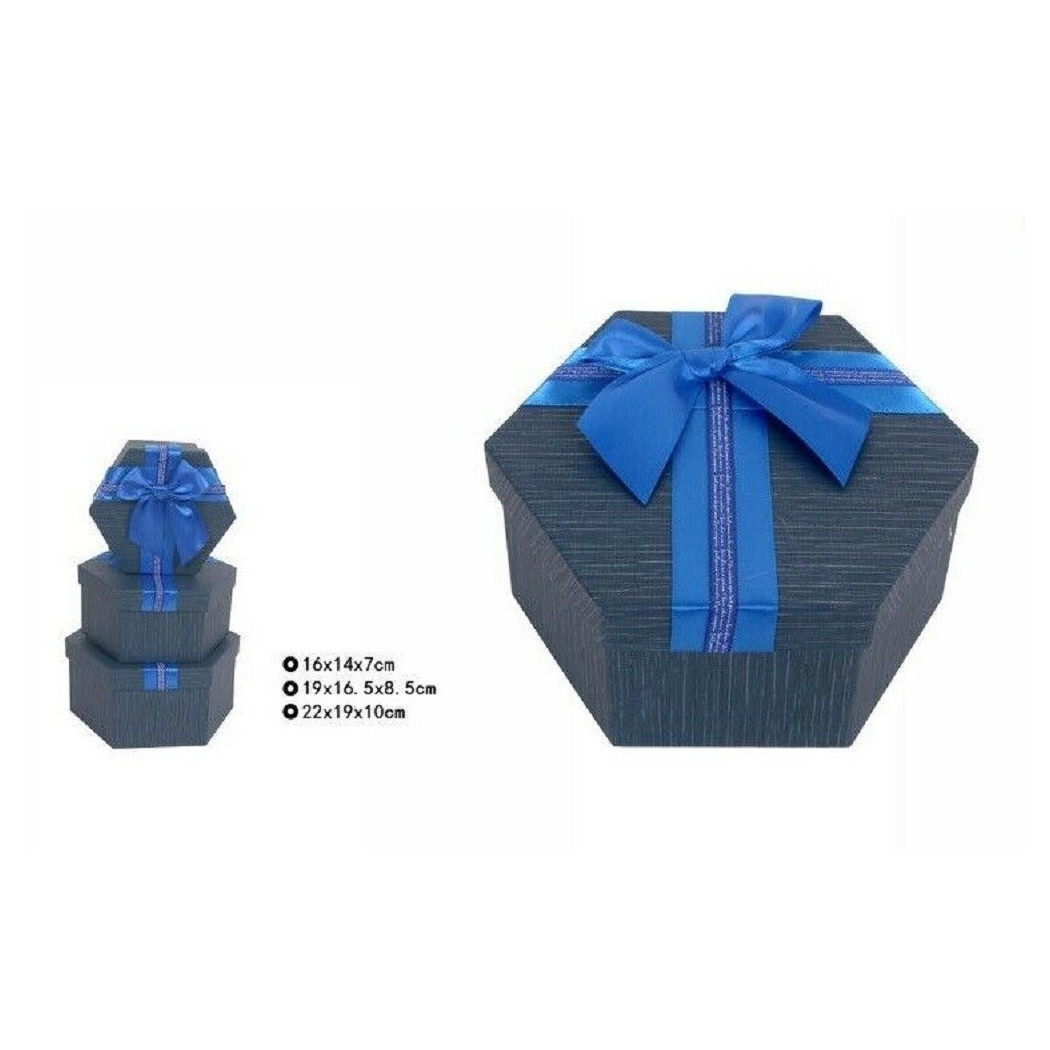 foto del prodotto trade shop set 3 pezzi scatole box per regali varie misure esagonali blu con fiocco 69352 