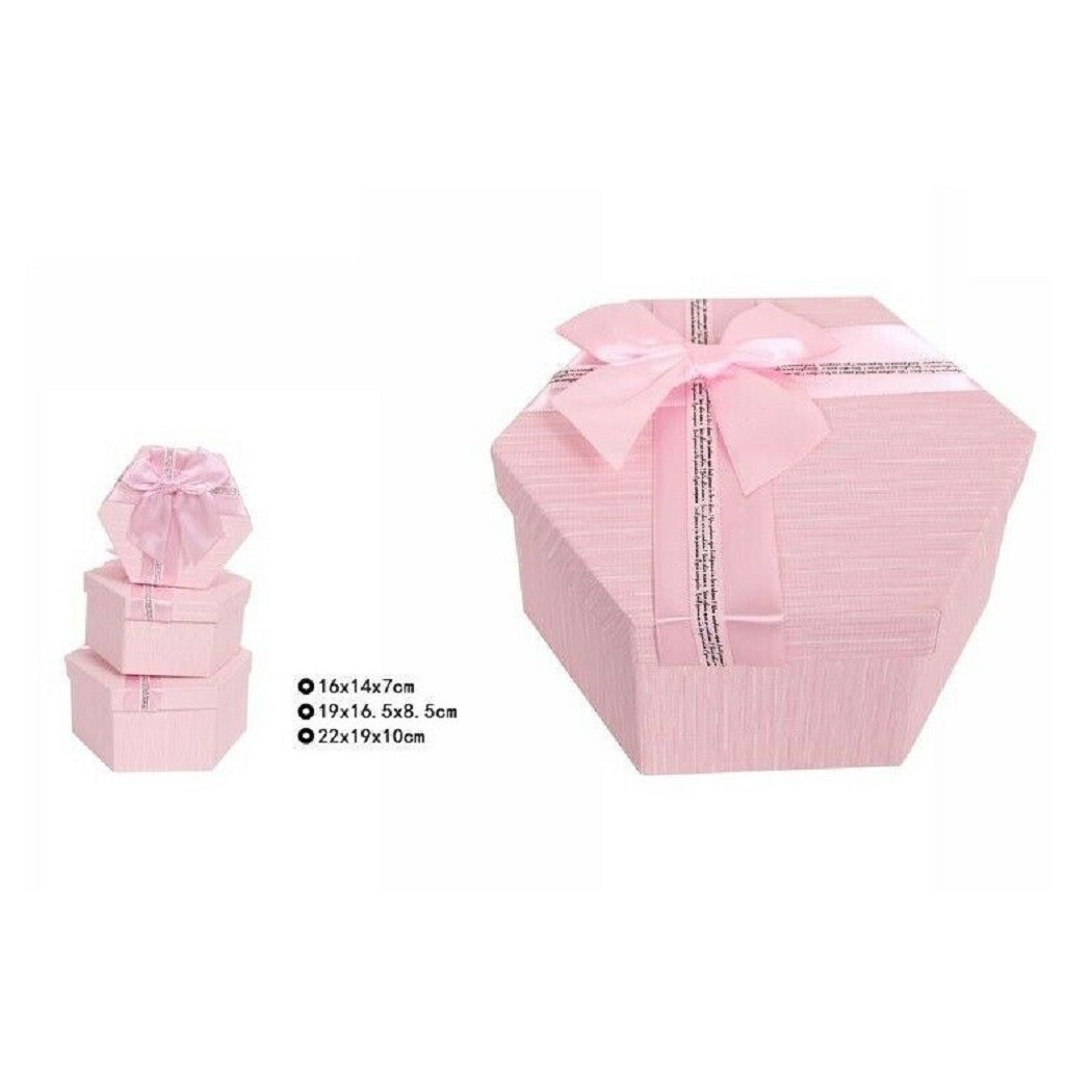 foto del prodotto trade shop set 3 pezzi scatole box per regali varie misure esagonali rosa con fiocco 69351 