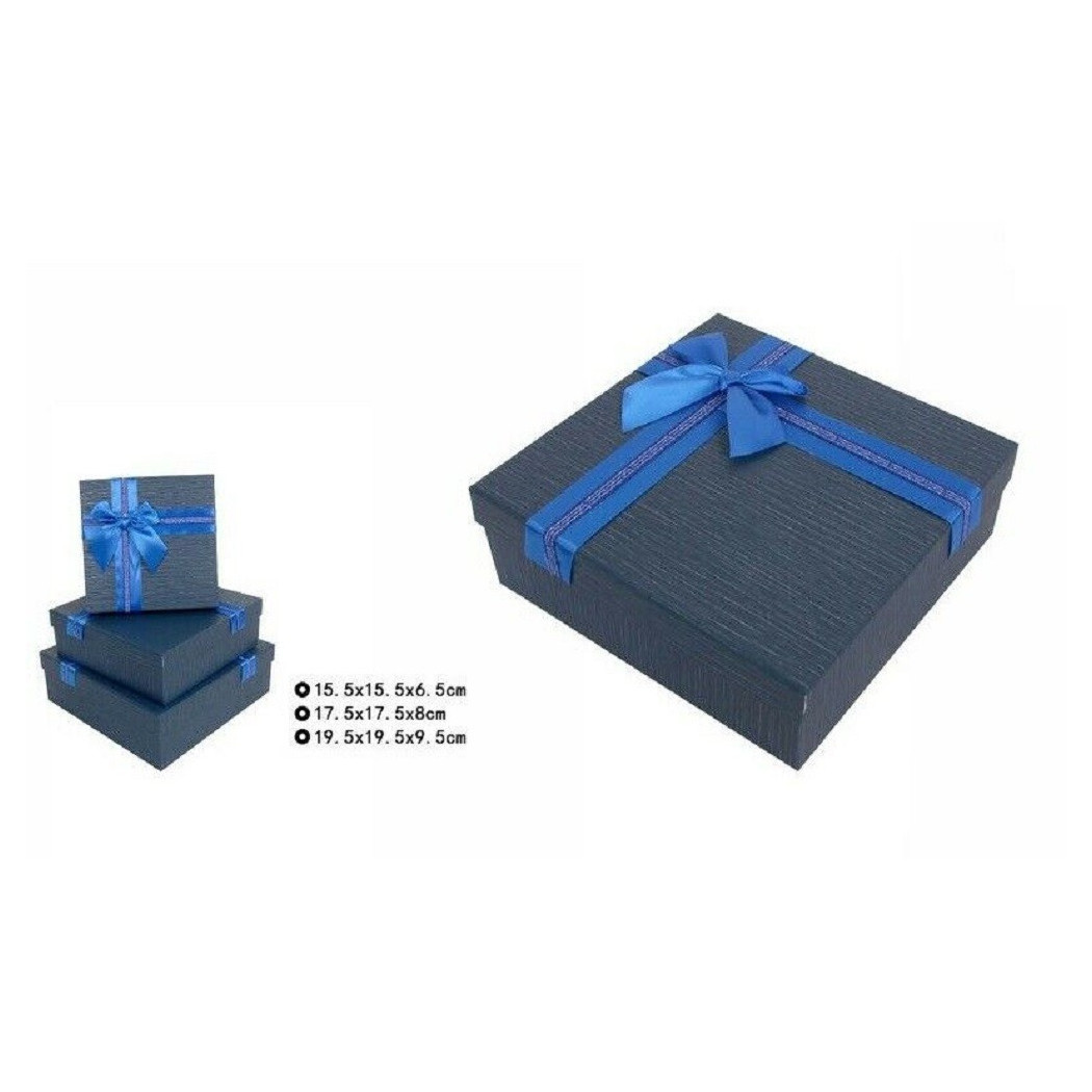 foto del prodotto trade shop set 3 pezzi scatole box per regali varie misure quadrate blu con fiocco 69347 