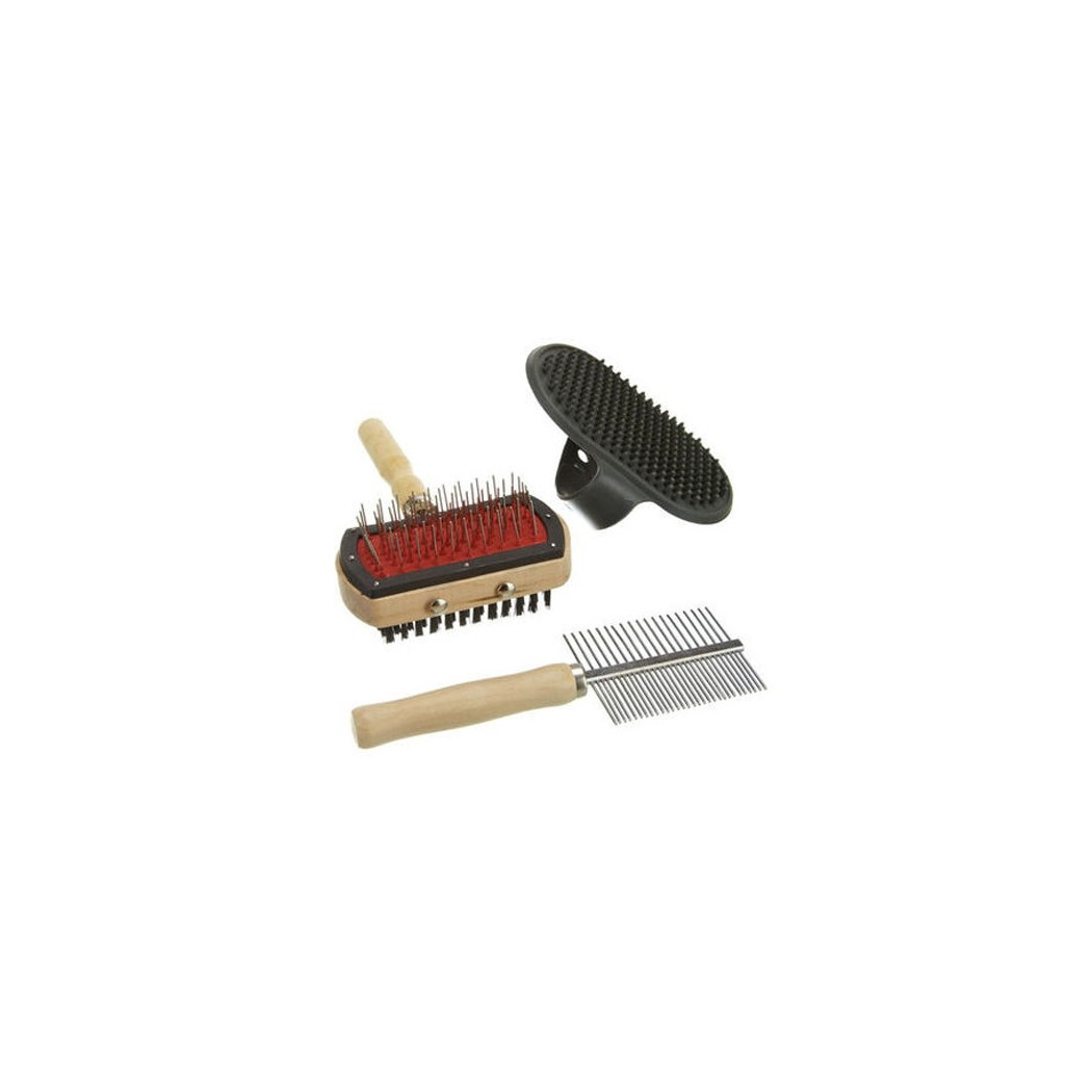 foto del prodotto trade shop set 3 pezzi spazzole per cani in 3 modelli differenti manico in legno 