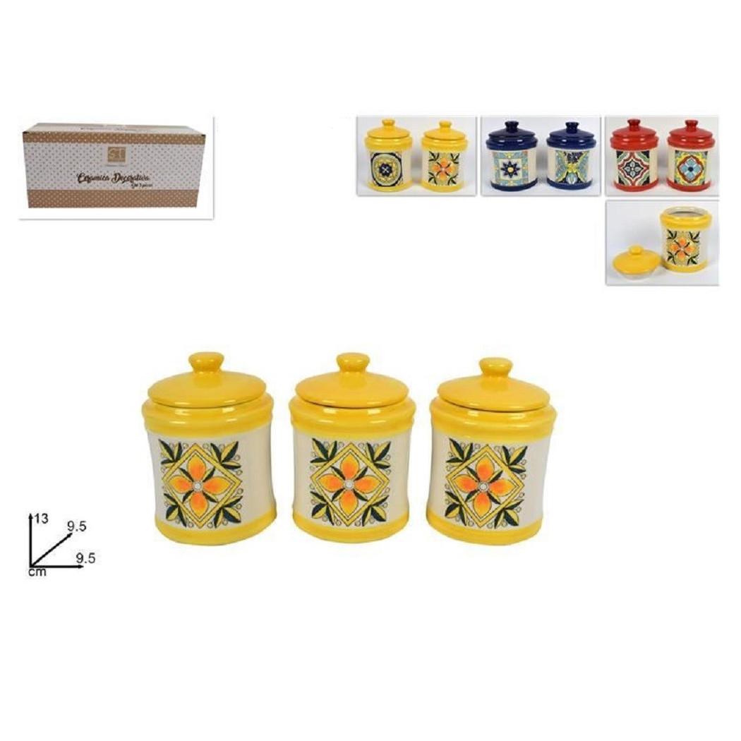 foto del prodotto trade shop set 3 pezzi tris barattoli colorati in ceramica con decoro fantasia maiolica 